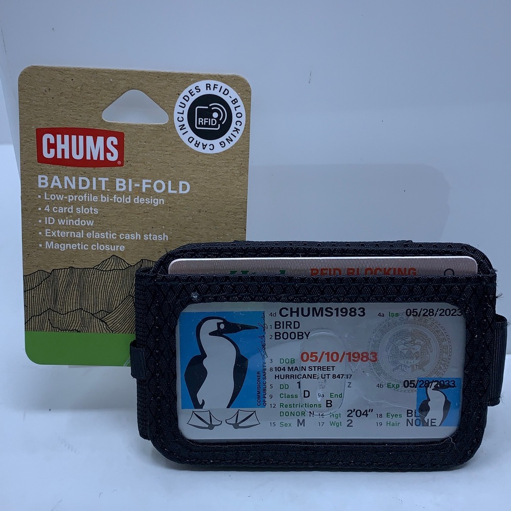 Chums Unisex OS Black Bandit Bi-Fold RFID ID Window Wallet 18808 NWT